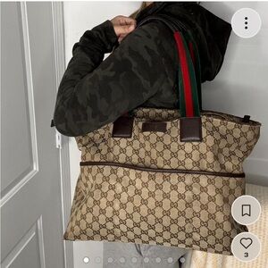 Gucci Beige GG Canvas Tote with Brown Trim and Green-Red Straps